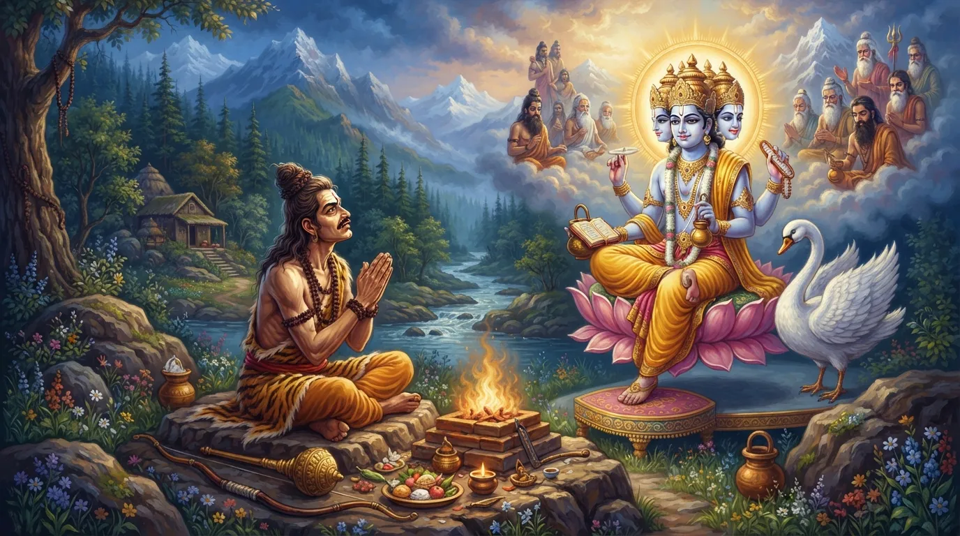 असुर राजा हिरण्यकश्यप तपस्या के बाद ब्रह्मा जी के सामने हाथ जोड़कर वरदान मांग रहा है, उसकी आँखों में अहंकार और चालाकी है, जबकि ब्रह्मा जी शांत भाव से उसे देख रहे हैं।