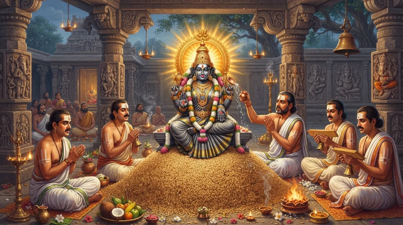 एक मंदिर के अहाते में, एक सुंदर नक्काशीदार पत्थर की मूर्ति को अनाज (धान) के ढेर में रखा गया है। चारों ओर पुजारी मंत्रोच्चार कर रहे हैं और पवित्र जल छिड़क रहे हैं। दृश्य में भक्ति और तैयारी का भाव है।