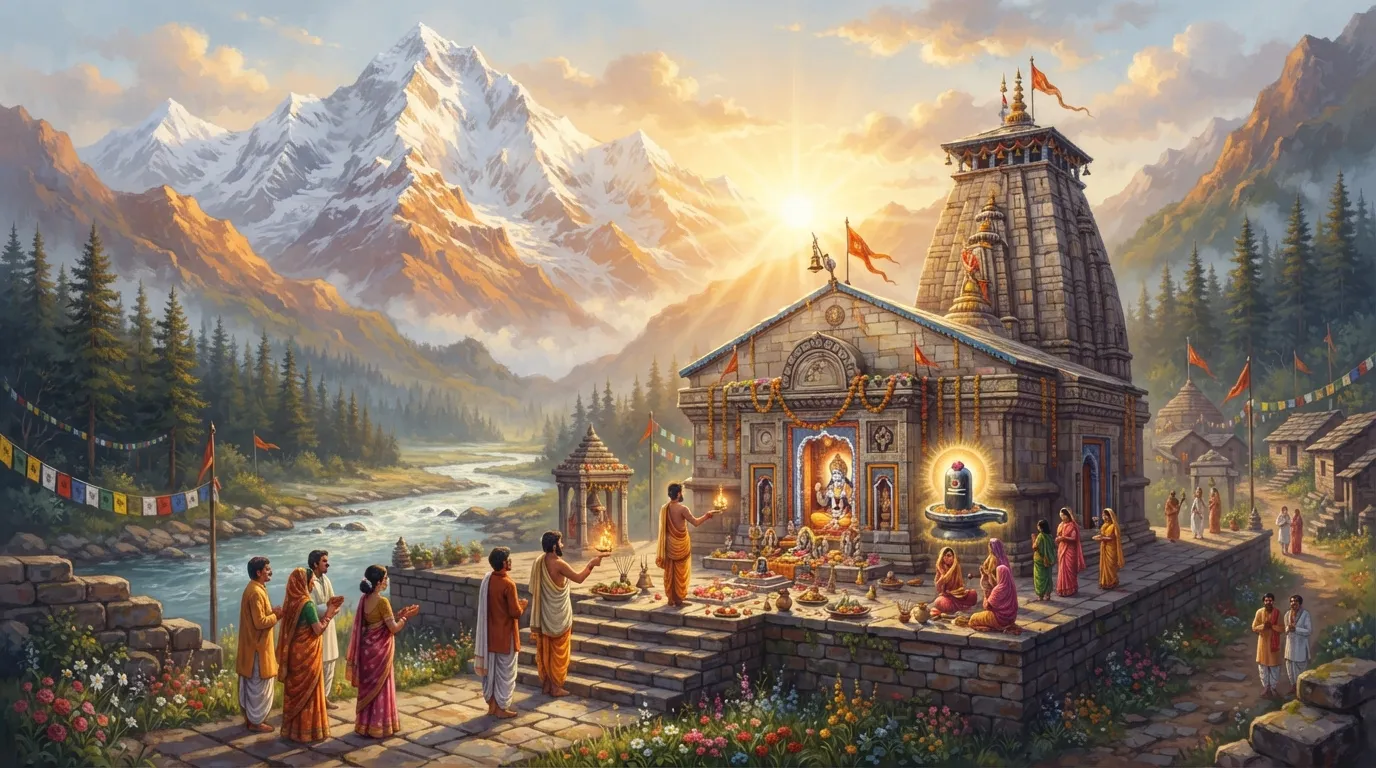 हिमालय की गोद में एक शांत मंदिर, जिसके पीछे बर्फीले पहाड़ दिख रहे हैं और सुबह की सुनहरी धूप बादलों से छनकर आ रही है, जो दैवीय शांति का प्रतीक है।
