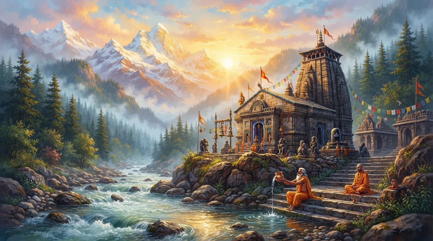 सुबह की पहली किरणें, हिमालय की बर्फीली चोटी पर बने एक प्राचीन पत्थर के मंदिर पर पड़ रही हैं। मंदिर के पास से गंगा नदी बह रही है। शांत और पवित्र माहौल।