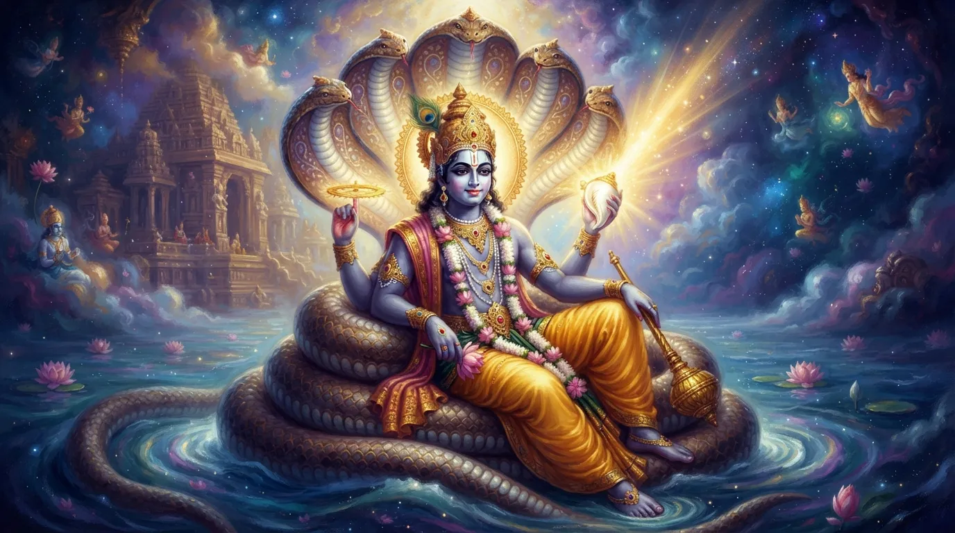 भगवान विष्णु शांत और सौम्य मुद्रा में शेषनाग पर विराजमान हैं, उनके एक हाथ में दिव्य पांचजन्य शंख है जिससे एक सुनहरी आभा निकल रही है।