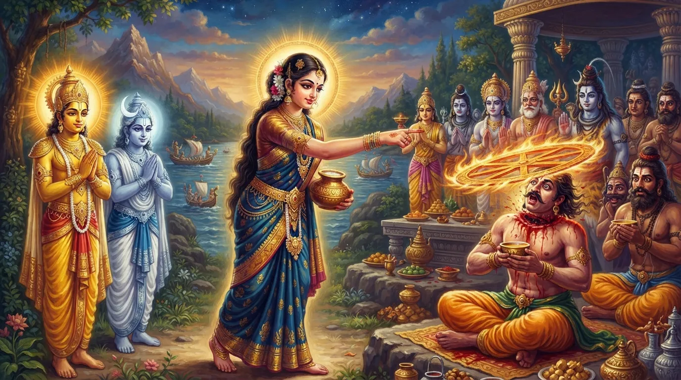 भगवान विष्णु मोहिनी रूप में खड़े हैं और सुदर्शन चक्र से असुर स्वर्भानु का शीश काटते हुए दृश्य, पास में सूर्य और चंद्र देव भी उपस्थित हैं