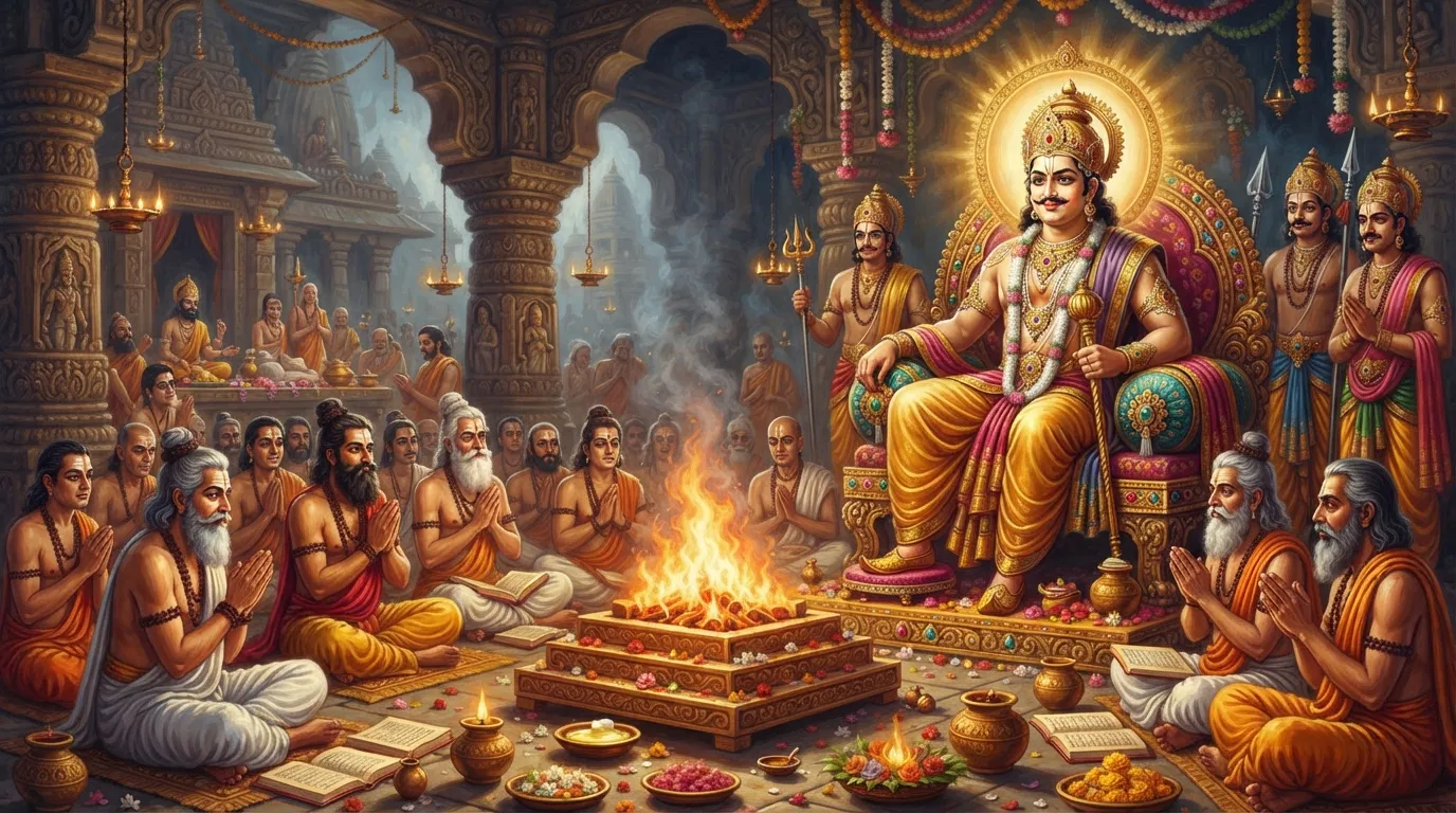 असुर राजा बलि अपनी पूरी शान-शौकत के साथ एक विशाल यज्ञशाला में सिंहासन पर बैठे हैं। उनके चेहरे पर तेज और आत्मविश्वास है। चारों ओर ऋषि-मुनि मंत्रोच्चार कर रहे हैं और यज्ञ की अग्नि प्रज्वलित है।