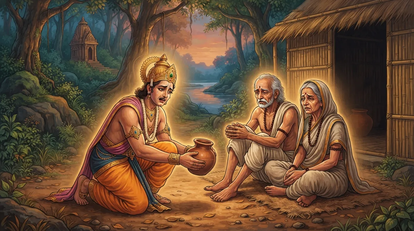राजा दशरथ श्रवण कुमार के अंधे माता-पिता के चरणों में बैठकर क्षमा मांग रहे हैं, उनके हाथ में पानी का घड़ा है और चेहरे पर गहरा दुःख और पछतावा है।