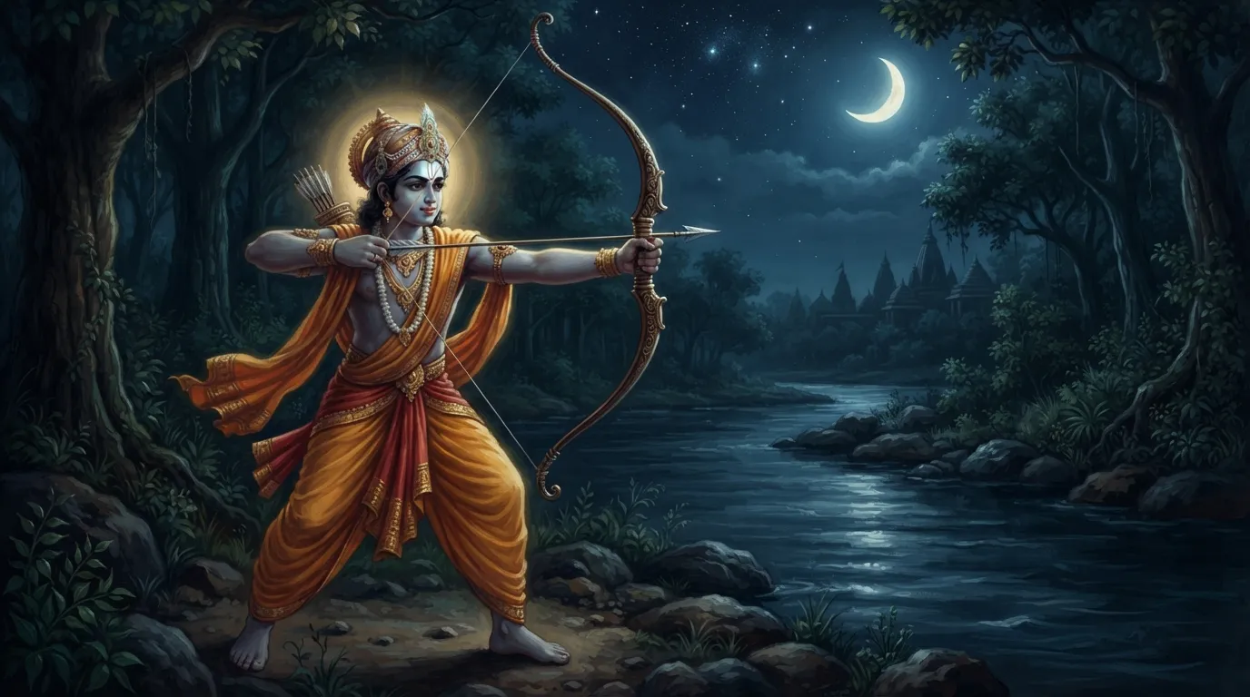 अँधेरी रात में सरयू नदी के किनारे, युवा दशरथ धनुष ताने हुए, एक अदृश्य लक्ष्य की ओर तीर चलाते हुए। उनके चेहरे पर एकाग्रता और निश्चय का भाव है।