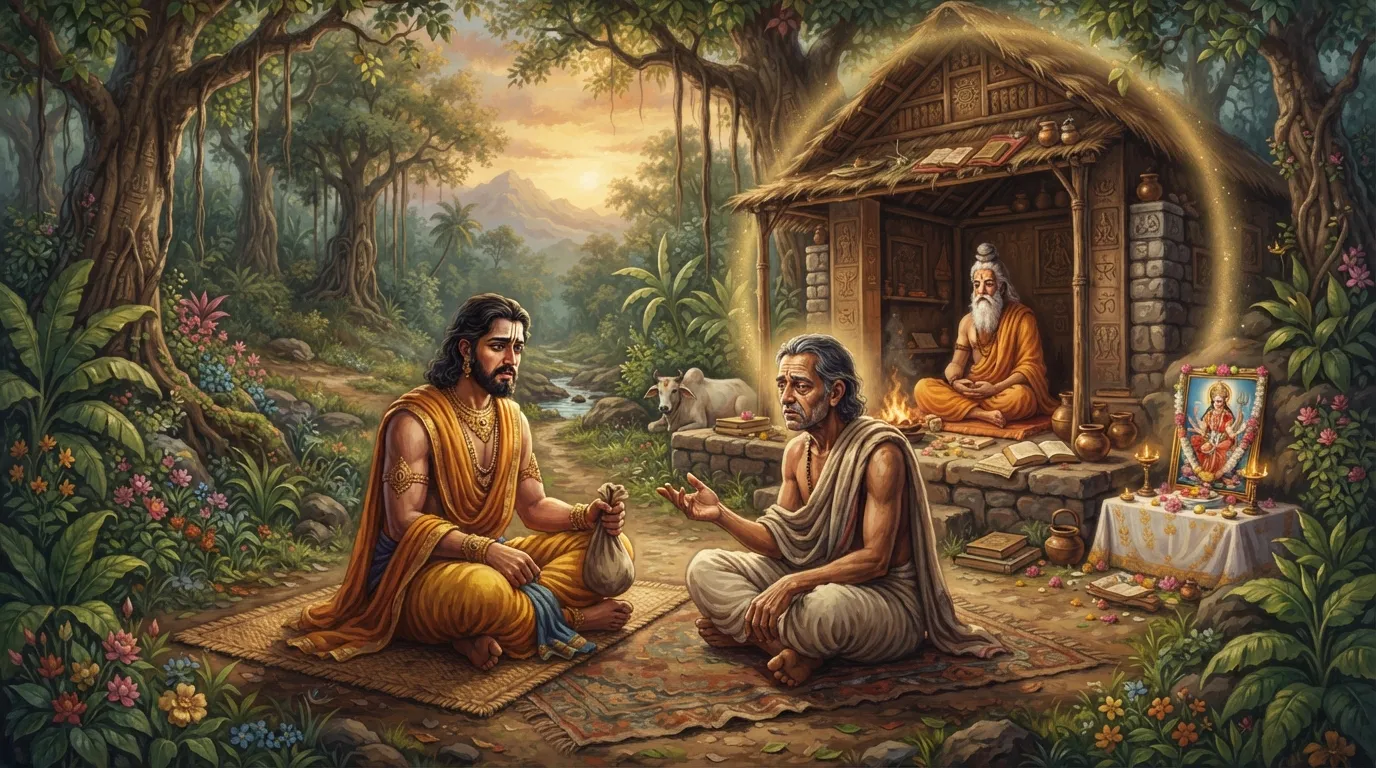 राजा सुरथ और वैश्य समाधि एक घने जंगल में मेधा ऋषि के शांत आश्रम के बाहर बैठे, चिंतित मुद्रा में आपस में बात कर रहे हैं।
