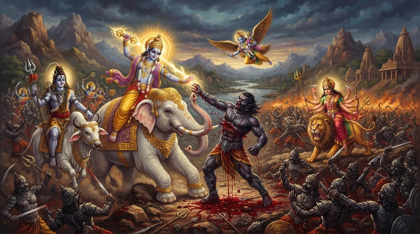 देवासुर संग्राम का दृश्य, जहाँ देवता एक असुर पर प्रहार कर रहे हैं और उसके खून की बूंदों से अनगिनत वैसे ही असुर पैदा हो रहे हैं