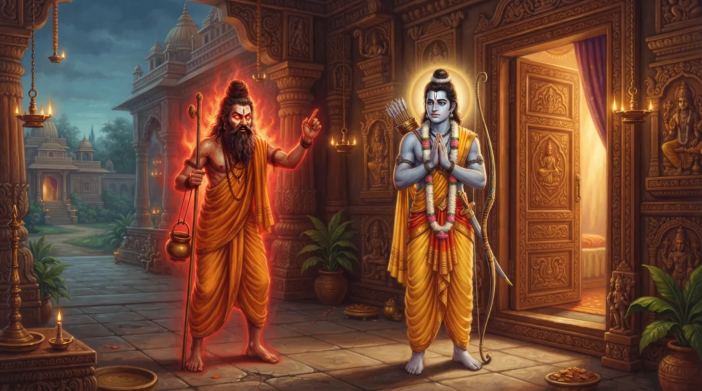 लक्ष्मण दुविधा में द्वार पर खड़े हैं, एक ओर श्रीराम के कक्ष का द्वार है और दूसरी ओर क्रोधित ऋषि दुर्वासा खड़े हैं, उनके चेहरे पर तीव्र क्रोध है। लक्ष्मण के चेहरे पर चिंता और कर्तव्यनिष्ठा का भाव है।