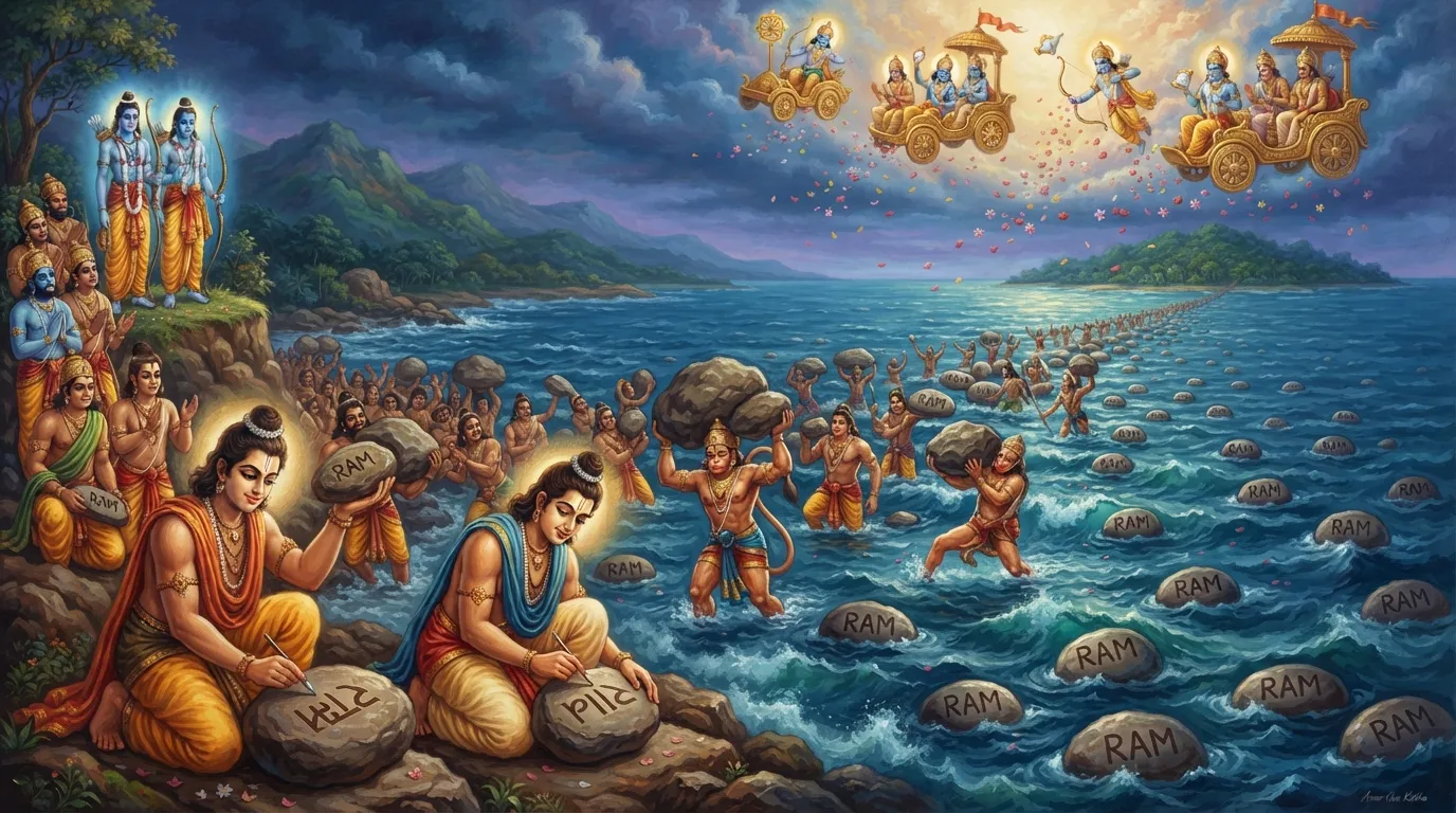 वानर सेना राम सेतु का निर्माण कर रही है, नल और नील पत्थरों पर 'राम' लिख रहे हैं, समुद्र में पत्थर तैर रहे हैं, विशाल वानर बड़े-बड़े पत्थर उठा रहे हैं
