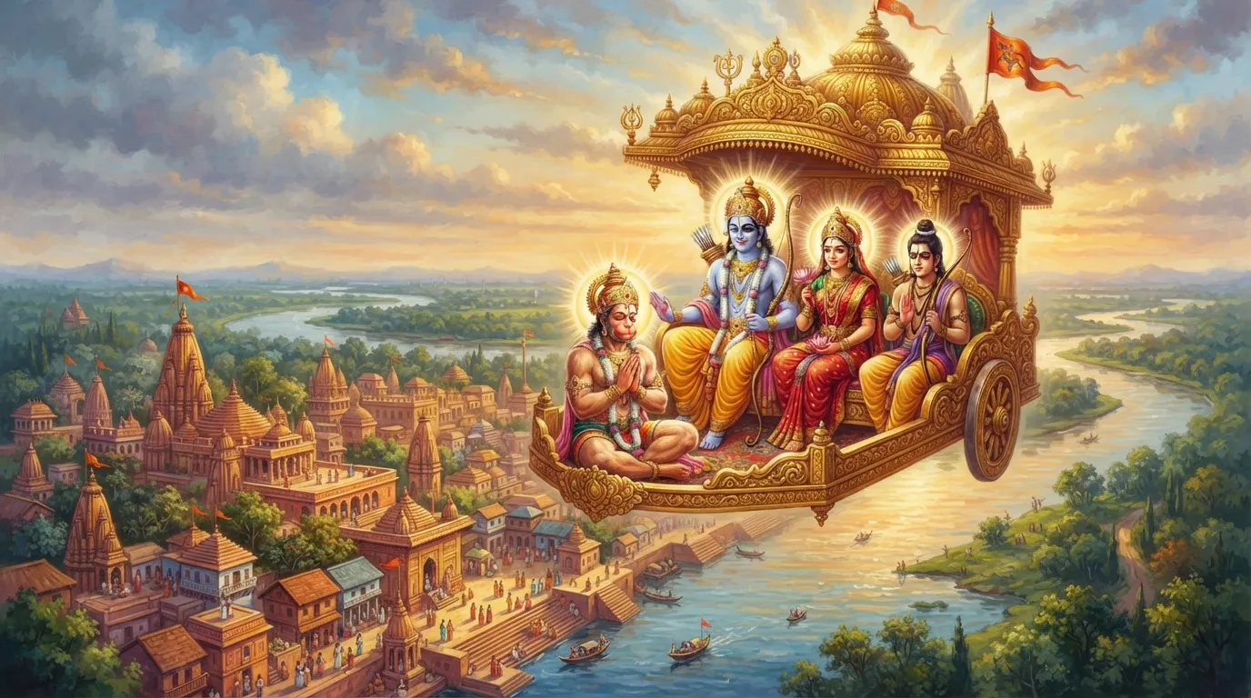 पुष्पक विमान अयोध्या के ऊपर आकाश में उड़ रहा है, नीचे सरयू नदी और अयोध्या नगरी का सुंदर दृश्य है। श्री राम, सीता, लक्ष्मण और हनुमान जी विमान में विराजमान हैं और नीचे देख रहे हैं। विमान सुनहरा और राजसी है।