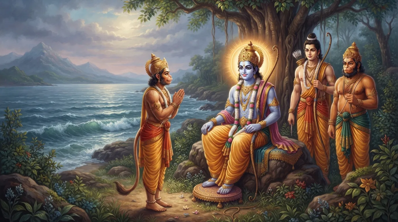 युवराज अंगद श्री राम के सामने हाथ जोड़कर विनम्रता से खड़े हैं। श्री राम उन्हें लंका में दूत बनकर जाने का आदेश दे रहे हैं। उनके चेहरे पर विश्वास और सौम्यता का भाव है। पीछे लक्ष्मण और सुग्रीव खड़े देख रहे हैं।