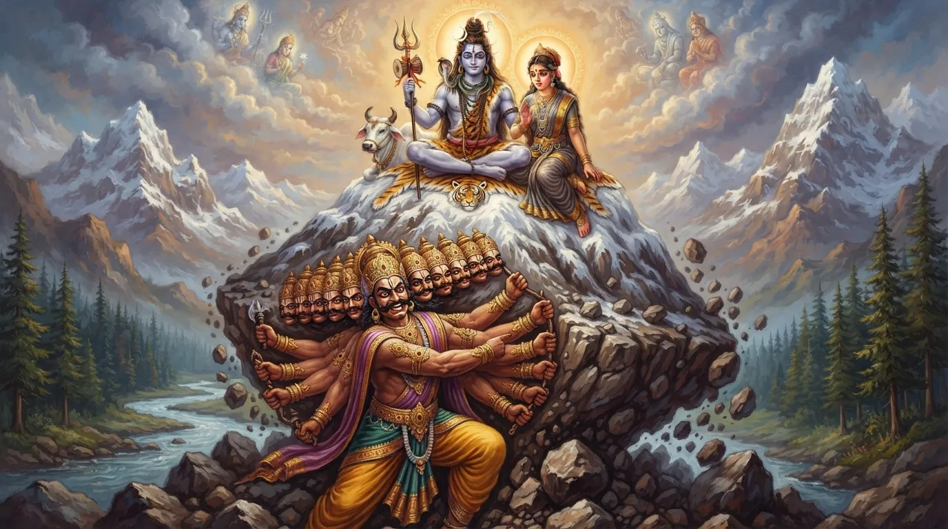 दस सिर वाला शक्तिशाली रावण अपनी बीस भुजाओं से बर्फीले कैलाश पर्वत को उठाने के लिए पूरा जोर लगा रहा है। पर्वत हिल रहा है, और ऊपर बैठे शिव-पार्वती की ओर देख रहे हैं।