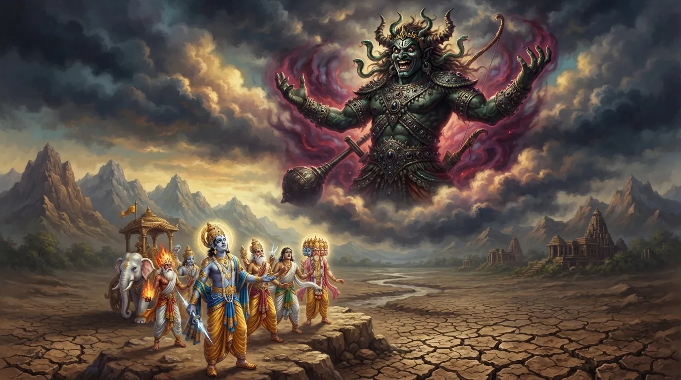 एक विशालकाय, डरावना असुर वृत्रासुर बादलों के बीच खड़ा है और अट्टहास कर रहा है। नीचे डरे हुए देवता असहाय दिख रहे हैं और धरती सूखी और दरारों से भरी हुई है।