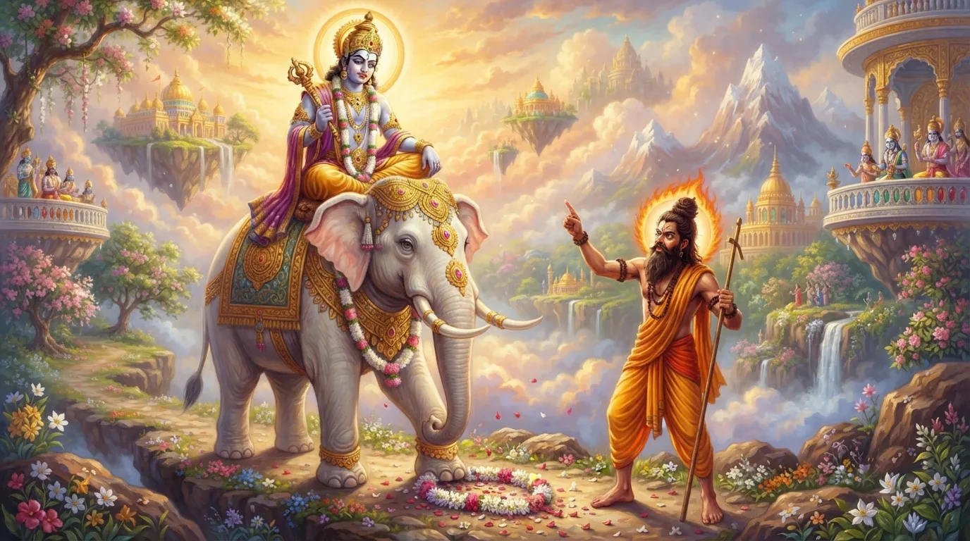 राजा इंद्र अपने ऐरावत हाथी पर अहंकार से बैठे हैं, और क्रोधित ऋषि दुर्वासा उनकी ओर उंगली से इशारा कर रहे हैं। ज़मीन पर एक सुंदर फूलों की दिव्य माला कुचली हुई पड़ी है। स्वर्ग के बादलों का दृश्य है।