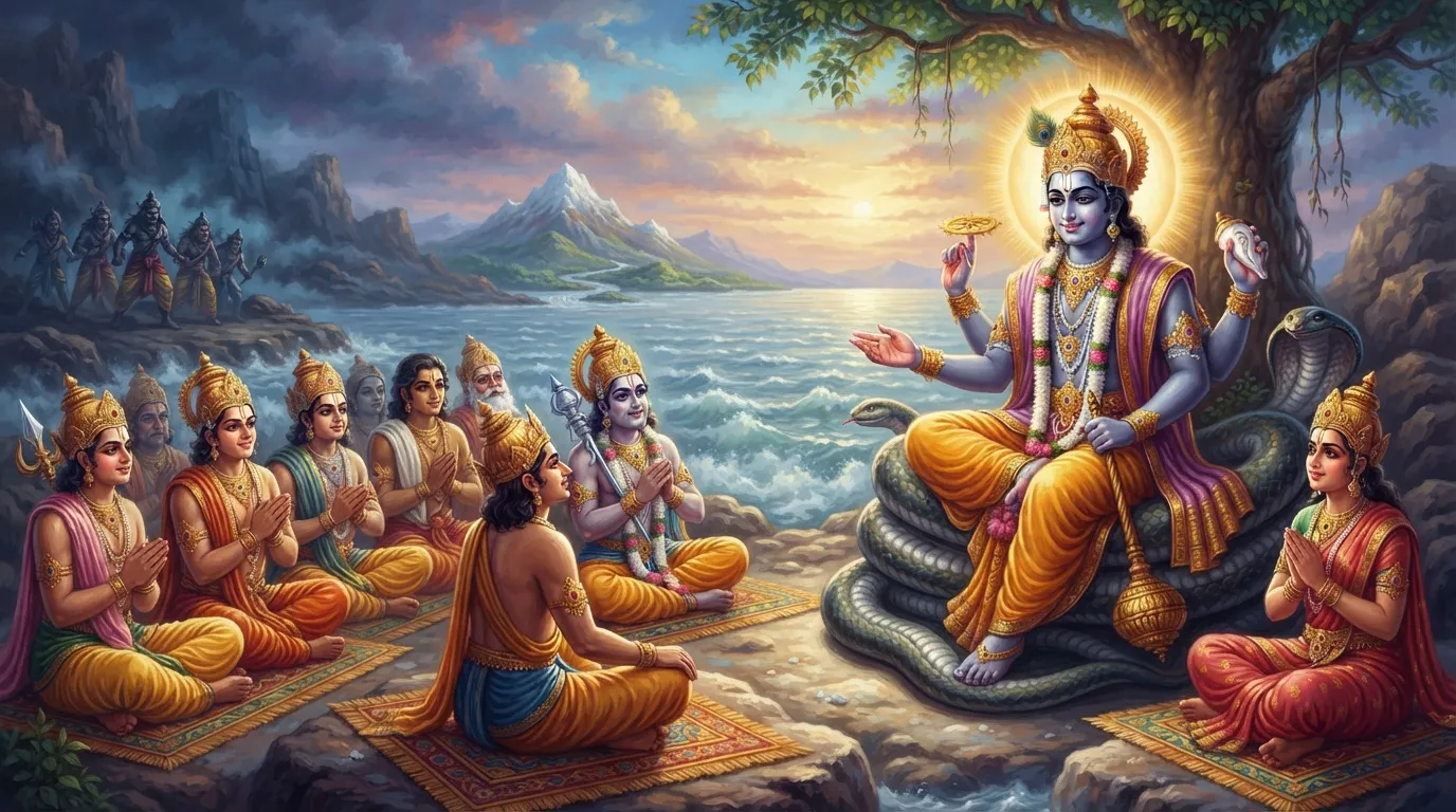 भगवान विष्णु शांत और सौम्य मुद्रा में देवताओं को समुद्र मंथन की योजना समझा रहे हैं। देवतागण आशा और आश्चर्य के भाव से उन्हें सुन रहे हैं और पीछे असुरों की छाया दिखाई दे रही है।