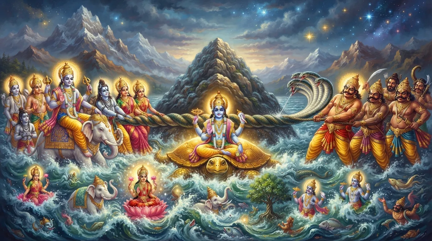 देव और असुर मंदार पर्वत और वासुकि नाग से समुद्र मंथन कर रहे हैं। भगवान विष्णु कच्छप अवतार में पर्वत को अपनी पीठ पर संभाले हुए हैं।