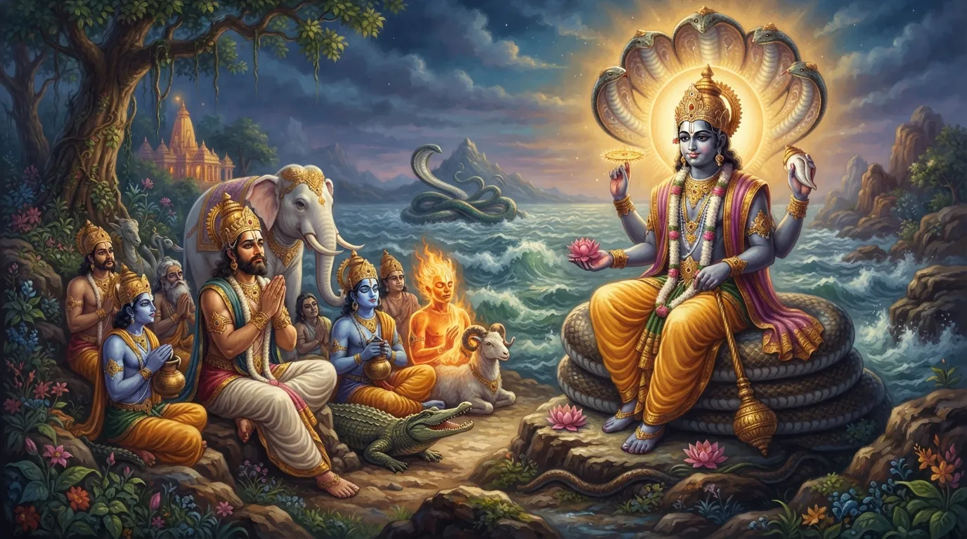 भगवान विष्णु शांत और दिव्य मुद्रा में देवताओं को समुद्र मंथन का मार्ग सुझा रहे हैं। निराश और थके हुए देवतागण (इंद्र, वरुण, अग्नि) आशा के साथ उनकी ओर देख रहे हैं।