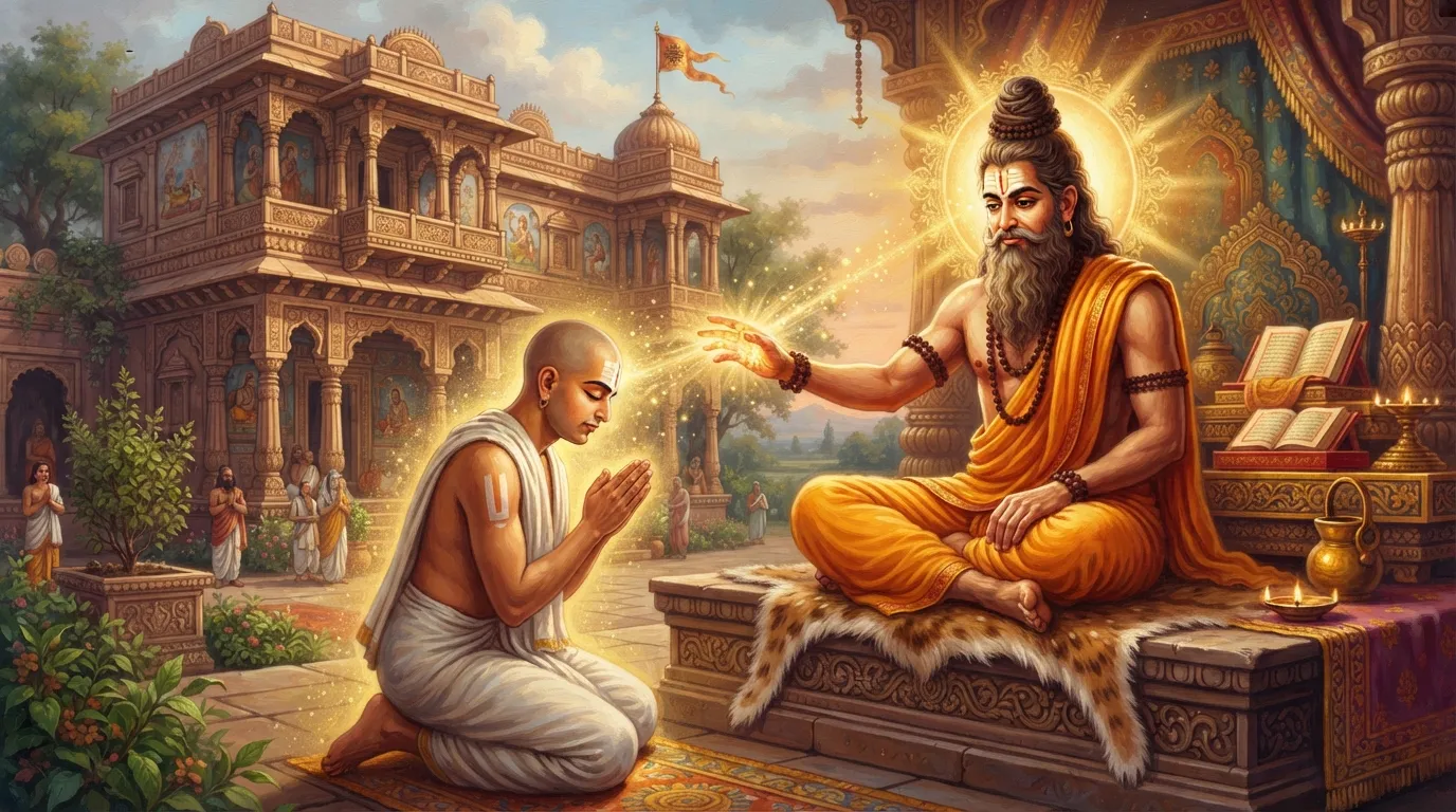 महर्षि वेद व्यास अपनी दिव्य शक्ति से संजय को वरदान दे रहे हैं। संजय हाथ जोड़कर विनम्रता से उसे ग्रहण कर रहे हैं। पीछे हस्तिनापुर के महल का एक कोना दिखाई दे रहा है और वातावरण में एक दिव्य आभा है।