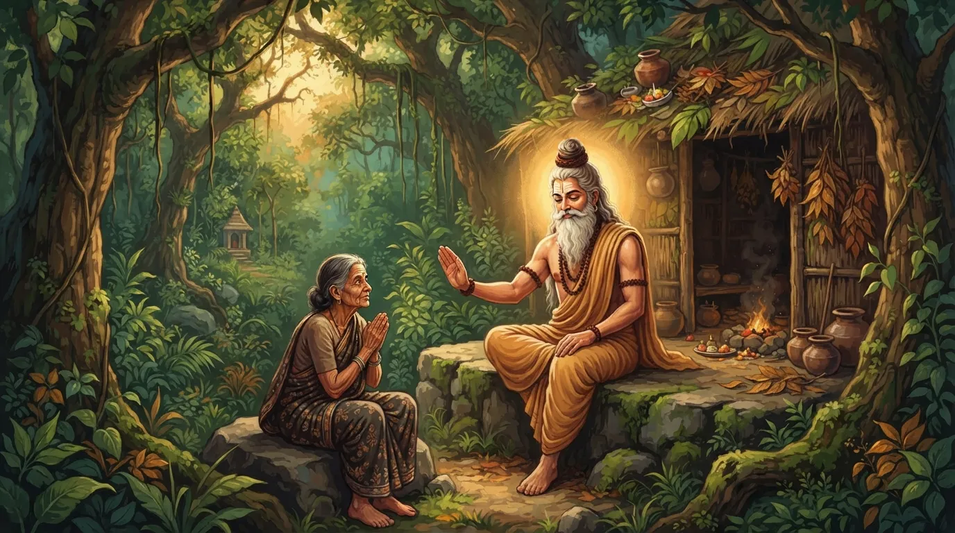 मतंग ऋषि अपनी कुटिया के बाहर एक पत्थर पर बैठी वृद्ध शबरी को आशीर्वाद दे रहे हैं। ऋषि का चेहरा शांत और करुणामय है, और शबरी की आँखों में श्रद्धा और विश्वास का भाव है। आसपास घना जंगल है।