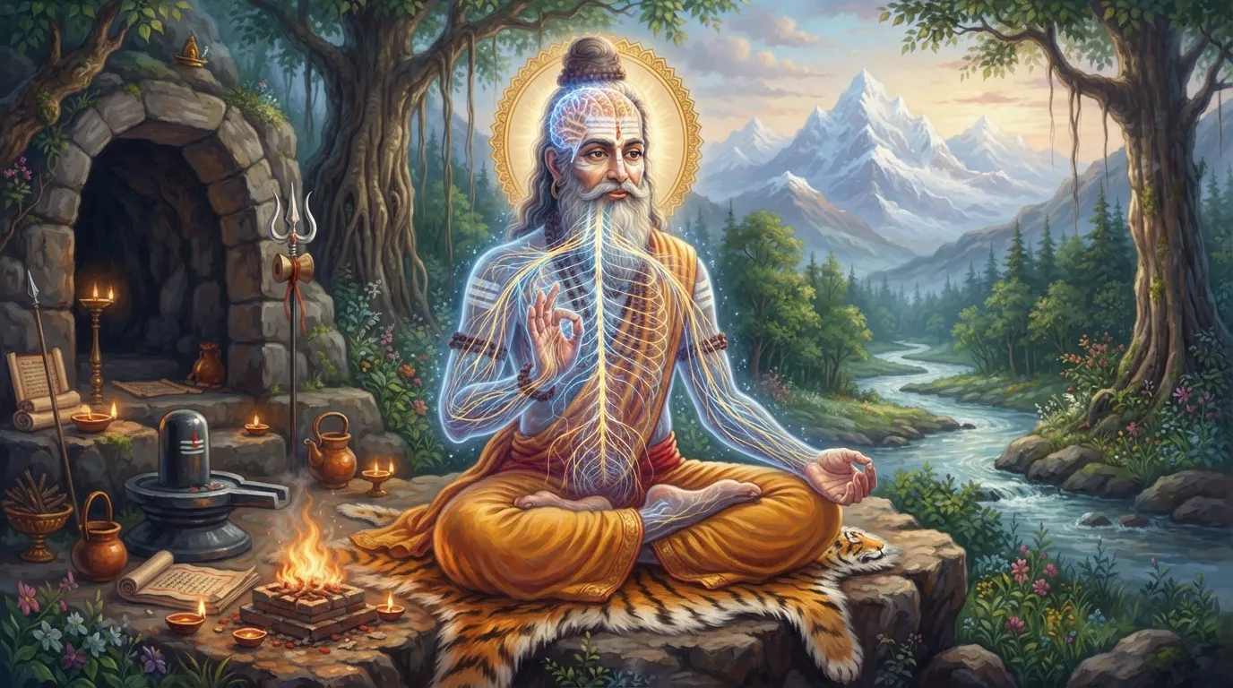 एक मानव शरीर की पारदर्शी छवि, जिसके अंदर तंत्रिका तंत्र (nervous system) नीली और सुनहरी बिजली की महीन रेखाओं की तरह चमक रहा है, खासकर मस्तिष्क और रीढ़ की हड्डी में।