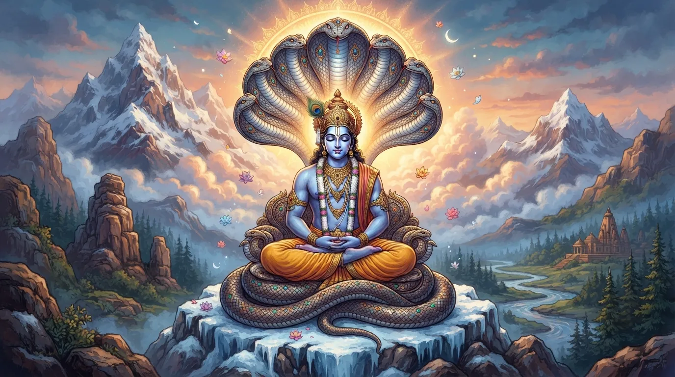 हिमालय की बर्फीली चोटी पर, शेषनाग अपने सहस्र फनों के साथ ध्यान में लीन हैं। उनके चारों ओर दिव्य तेज का प्रकाश है और वातावरण शांत है।