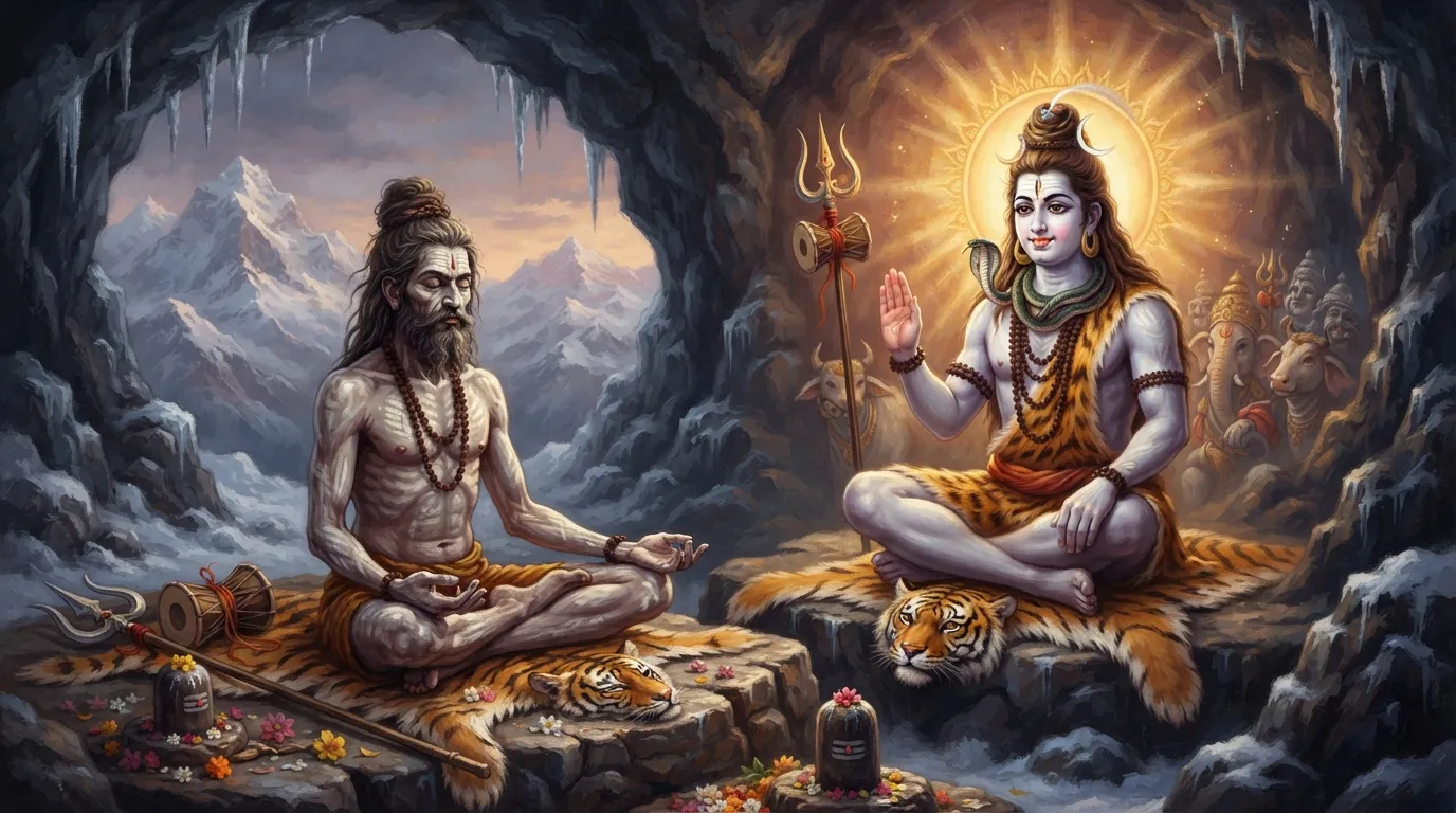 हिमालय की बर्फीली गुफा में, भस्मासुर ध्यान में लीन है। उसका शरीर कमजोर हो गया है, लेकिन चेहरा दृढ़ संकल्प से भरा है। उसके सामने भगवान शिव प्रकट हो रहे हैं, जिनका रूप शांत और सौम्य है और वे अपना हाथ उठाकर उसे वरदान दे रहे हैं।