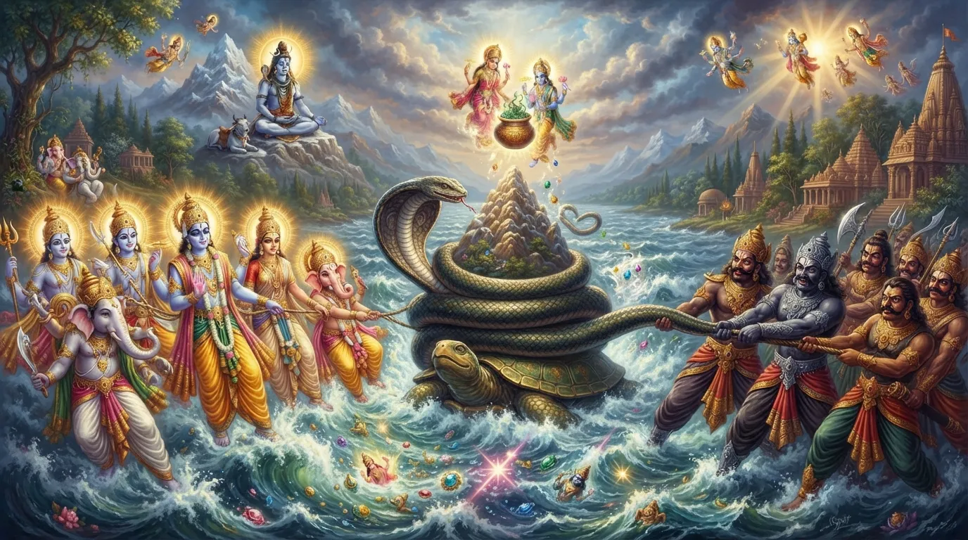 समुद्र मंथन का भव्य दृश्य। मंदार पर्वत को मथानी बनाया गया है और नागराज वासुकि रस्सी के रूप में लिपटे हैं। एक ओर देवता और दूसरी ओर असुर उन्हें खींच रहे हैं।