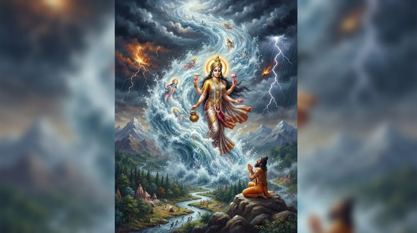 स्वर्ग से उतरती हुई गंगा का अत्यंत शक्तिशाली और चौड़ा प्रवाह, जिसके नीचे छोटी सी धरती कांपती हुई दिख रही है। चारों ओर पानी की बौछारें और बिजली की कड़क है।