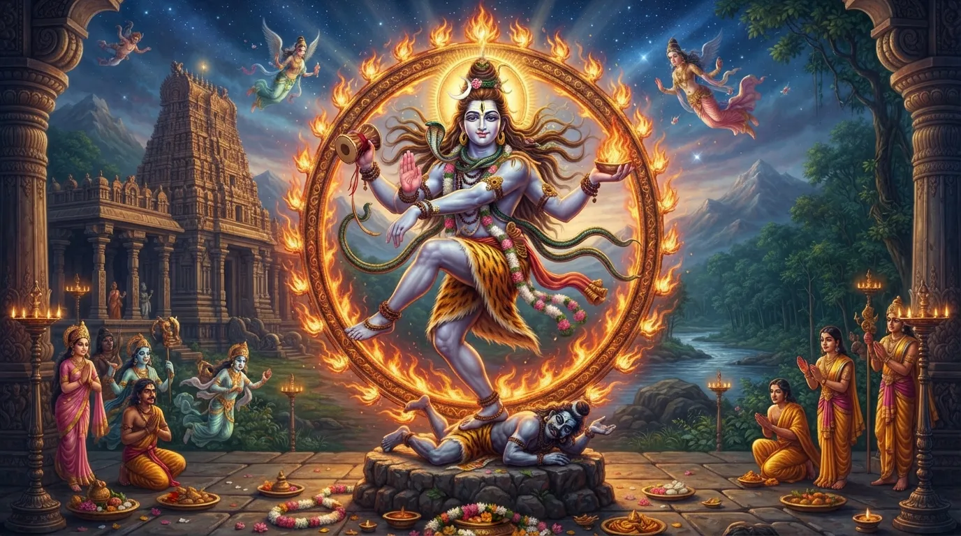 भगवान शिव की नटराज मूर्ति, एक पैर से अज्ञान के दानव को कुचलते हुए, अपने चारों हाथों में डमरू, अग्नि, और अभय मुद्रा धारण किए हुए ब्रह्मांडीय नृत्य कर रहे हैं।