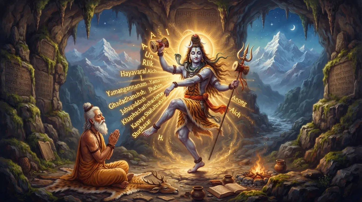 महर्षि पाणिनि हिमालय की एक शांत गुफा में तपस्या कर रहे हैं, और भगवान शिव उनके सामने प्रकट होकर तांडव नृत्य कर रहे हैं। शिव के डमरू से सुनहरी ध्वनियाँ निकल रही हैं और पाणिनि उन्हें हाथ जोड़कर, पूरी श्रद्धा से सुन रहे हैं।
