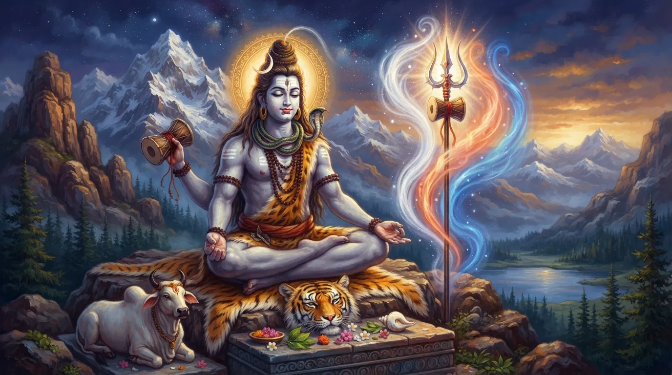 भगवान शिव कैलाश पर्वत पर ध्यान मुद्रा में बैठे हैं, उनका त्रिशूल उनके पास धरती में गड़ा है। त्रिशूल से एक हल्की दिव्य रोशनी निकल रही है जो सत, रज और तम गुणों के संतुलन का प्रतीक है।