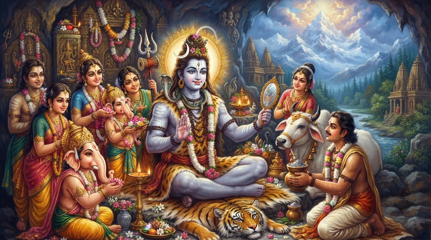 भगवान शिव अपने दूल्हे के रूप में तैयार हो रहे हैं। जटाओं में चाँद, गले में सर्प, शरीर पर भस्म और बाघ की खाल पहने हुए। नंदी और गण उनकी मदद कर रहे हैं। दृश्य में वैराग्य और दिव्यता का भाव है।