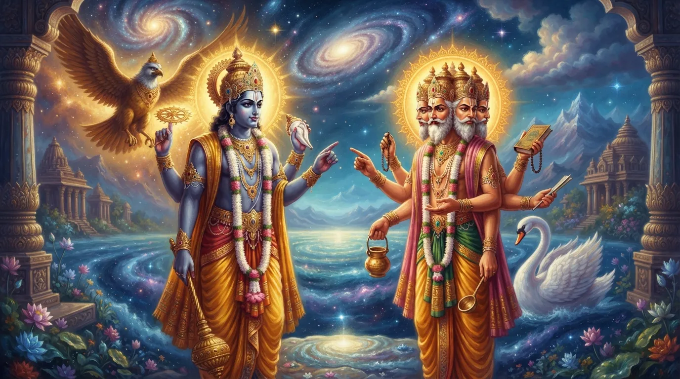 अनंत ब्रह्मांड में, भगवान विष्णु और चार मुख वाले ब्रह्मा जी एक दूसरे के सामने खड़े हैं, उनके बीच श्रेष्ठता को लेकर एक गंभीर बहस हो रही है। माहौल तनावपूर्ण है।