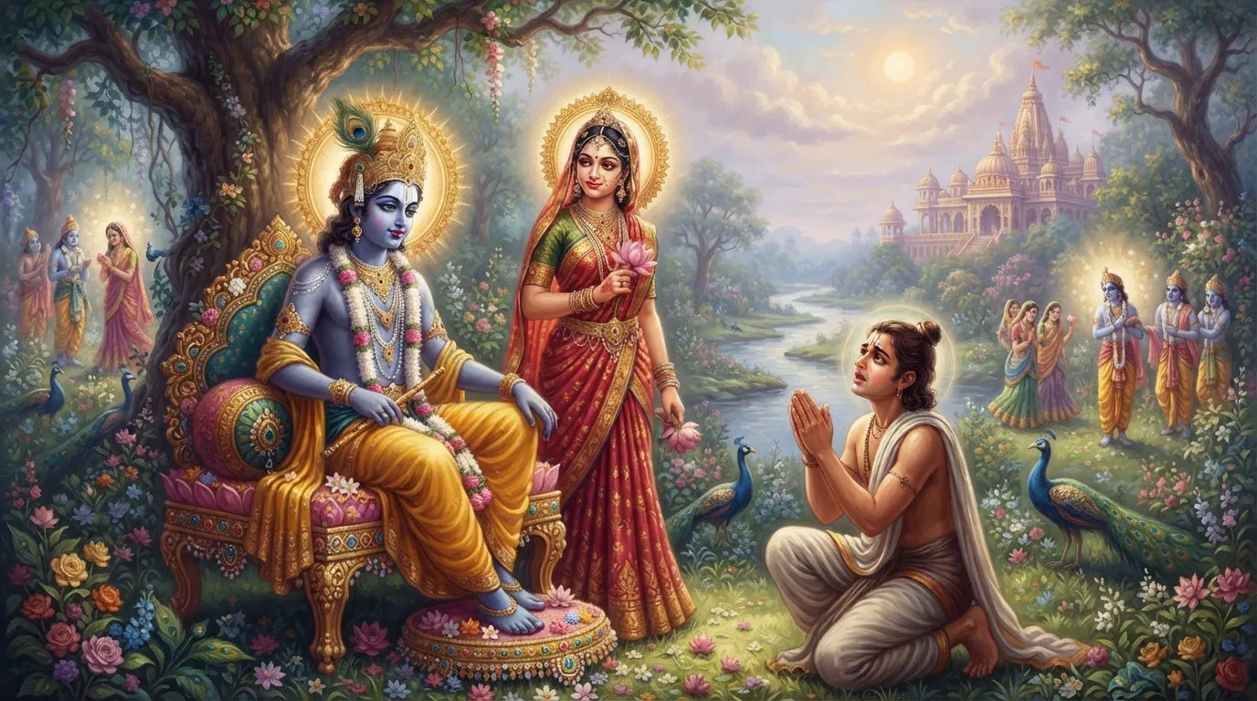 गोलोक का दिव्य वातावरण जहाँ भगवान कृष्ण के पार्षद श्रीदामा हाथ जोड़कर देवी राधा से क्षमा मांग रहे हैं