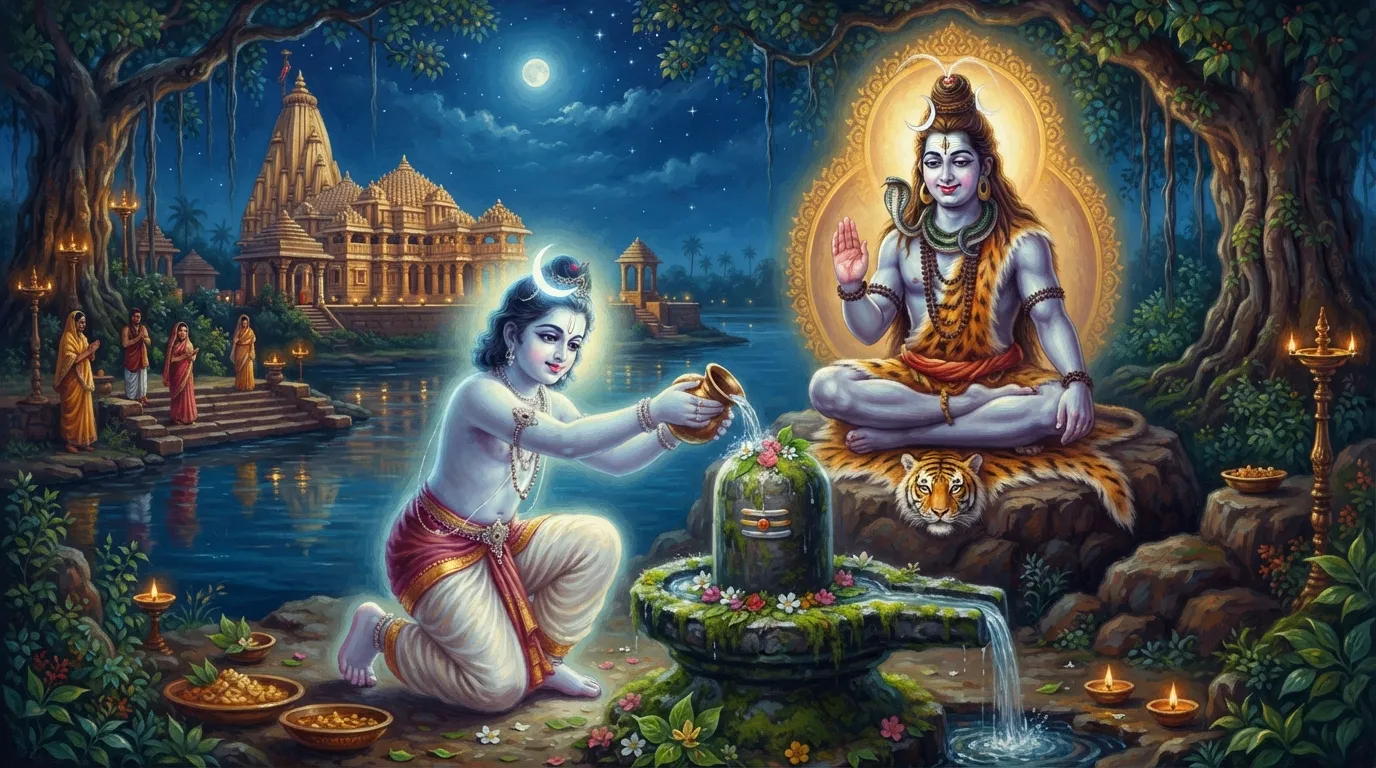 प्रभास तीर्थ के किनारे, क्षीण हो चुके चंद्रमा देव शिवलिंग पर जल चढ़ा रहे हैं, उनकी आँखों में आशा और भक्ति है। शिव सौम्य रूप में प्रकट हो रहे हैं।