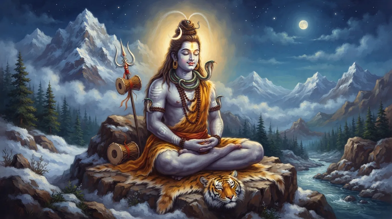 भगवान शिव हिमालय में शांत भाव से ध्यान कर रहे हैं, उनकी भौंहों के बीच में एक हल्की, दिव्य रोशनी चमक रही है, जो उनकी तीसरी आँख का प्रतीक है।