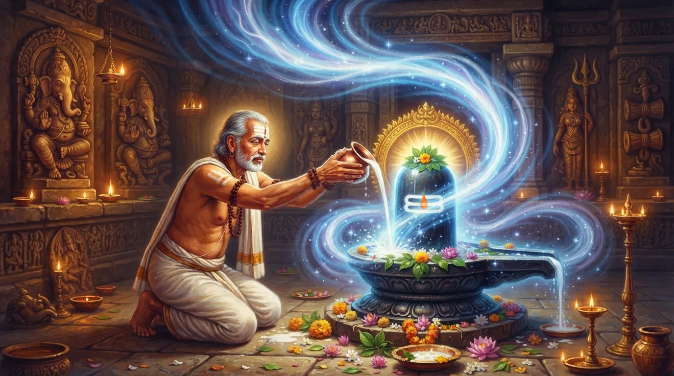 एक प्राचीन मंदिर के गर्भगृह में स्थित ज्योतिर्लिंग, जिससे नीले और सफेद रंग की सूक्ष्म ऊर्जा तरंगें निकल रही हैं। भक्त द्वारा चढ़ाया जा रहा दूध उन ऊर्जा तरंगों को सोखता हुआ दिख रहा है।