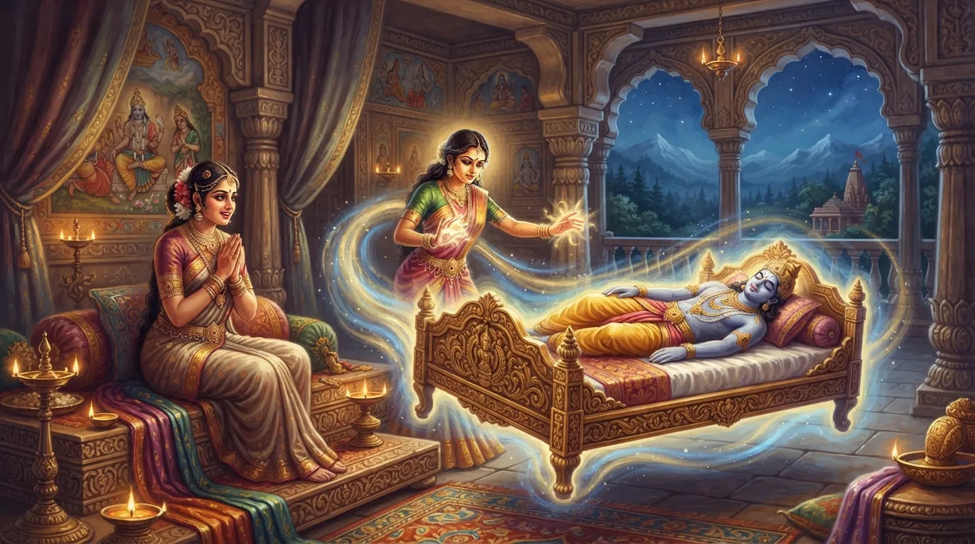 राजकुमारी ऊषा के भव्य महल में, चित्रलेखा अपनी जादुई शक्तियों से अनिरुद्ध को पलंग सहित धीरे-धीरे नीचे उतार रही हैं। अनिरुद्ध नींद में हैं और ऊषा उन्हें देखकर प्रेम और आश्चर्य के भाव से निहार रही हैं।