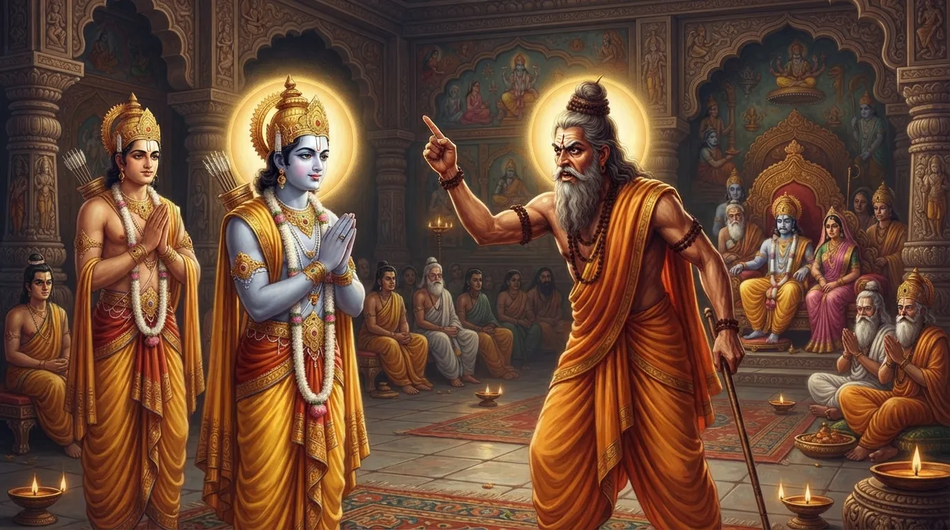 ऋषि विश्वामित्र क्रोधित मुद्रा में अयोध्या के राजदरबार में खड़े हैं, और श्री राम शांत भाव से हाथ जोड़े उनकी बात सुन रहे हैं। दरबार का माहौल गंभीर है।