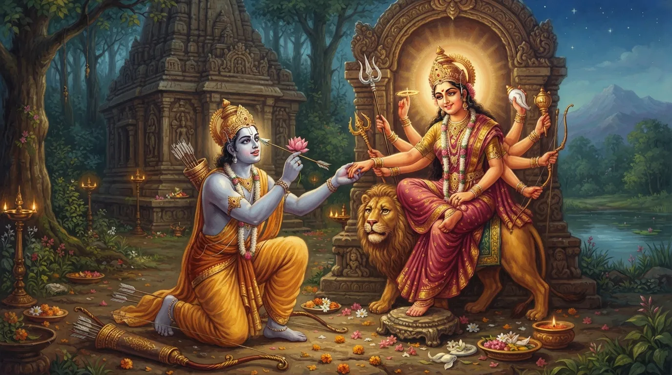 प्रभु श्रीराम अपने धनुष-बाण को किनारे रखकर, घुटनों के बल बैठे हैं और अपना एक नेत्र निकालने को उद्यत हैं। उनके सामने माँ दुर्गा की भव्य मूर्ति है। तभी माँ दुर्गा स्वयं प्रकट होकर उनका हाथ पकड़ लेती हैं, उनके चेहरे पर एक ममतामयी मुस्कान है।