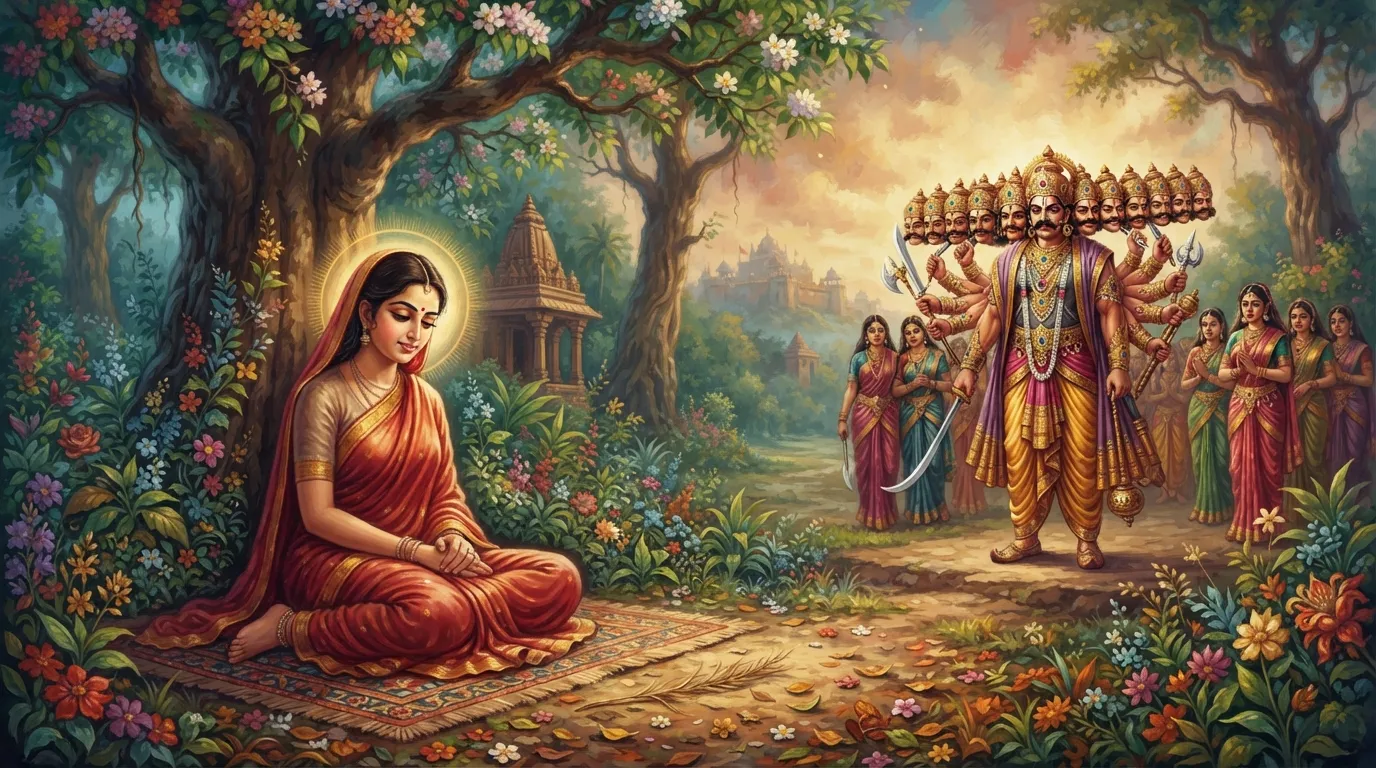 अशोक वाटिका में माता सीता एक पेड़ के नीचे शांत भाव से बैठी हैं और उनके सामने जमीन पर एक सूखा तिनका रखा है, दूर घमंडी रावण खड़ा है