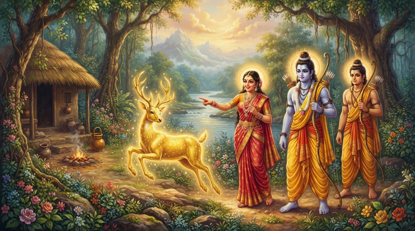 पंचवटी के शांत जंगल में एक अद्भुत सोने का हिरण उछल-कूद कर रहा है, माता सीता उसे देखकर मोहित हो रही हैं और श्रीराम की ओर संकेत कर रही हैं।