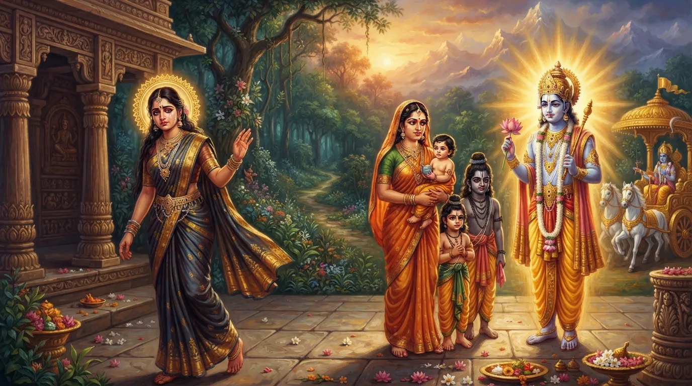 देवी संज्ञा अपनी परछाई, छाया, को सूर्य लोक में अपने बच्चों और पति सूर्य देव के पास छोड़कर वन की ओर जाती हुई। संज्ञा के चेहरे पर दुविधा और छाया के चेहरे पर कर्त्तव्य का भाव है।