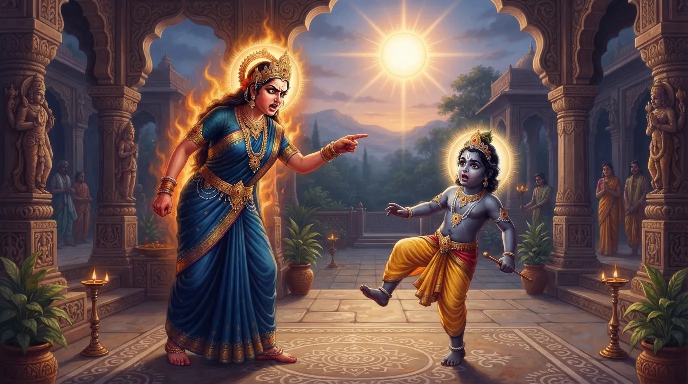 एक तेजस्वी महल के आंगन में, क्रोधित विमाता छाया अपनी उंगली उठाकर बालक यम को श्राप दे रही हैं। बालक यम अपना एक पैर उठाए हुए हैं और उनके चेहरे पर भय और आश्चर्य का भाव है। पृष्ठभूमि में सूर्य देव का हल्का प्रकाश दिखाई दे रहा है।