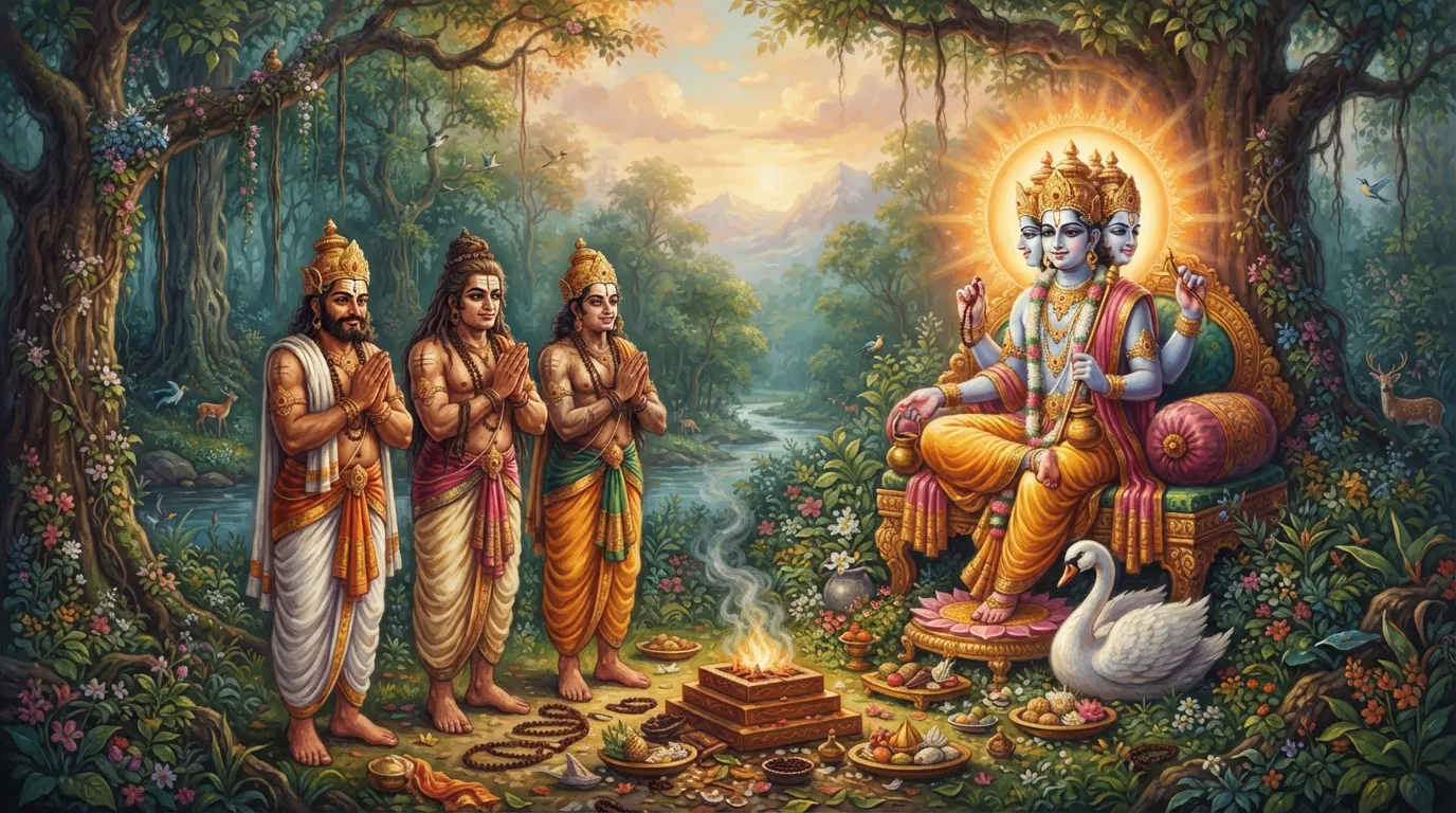 ब्रह्मा जी के सामने हाथ जोड़े खड़े तीन तेजस्वी असुर भाई तारकाक्ष, कमलाक्ष और विद्युन्माली, घने जंगल में तपस्या का दृश्य