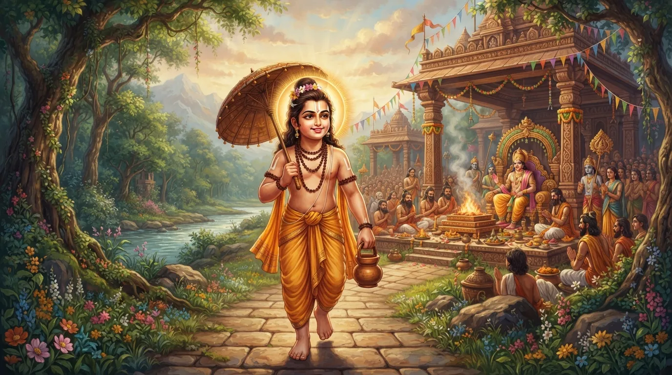 एक सुंदर, दिव्य तेज वाला बौना ब्राह्मण बालक (वामन), हाथ में एक छोटा छाता और कमंडल लिए, राजा बलि के भव्य यज्ञशाला की ओर आत्मविश्वास से बढ़ रहा है।