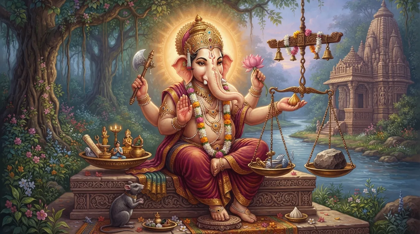 तराज़ू के एक पलड़े में इंसान के कर्म रखे हैं और दूसरे पलड़े पर एक बाधा (पत्थर) है, जिसे भगवान गणेश का हाथ संतुलित कर रहा है। दृश्य शांत और न्यायपूर्ण है, दण्ड का भाव नहीं है।