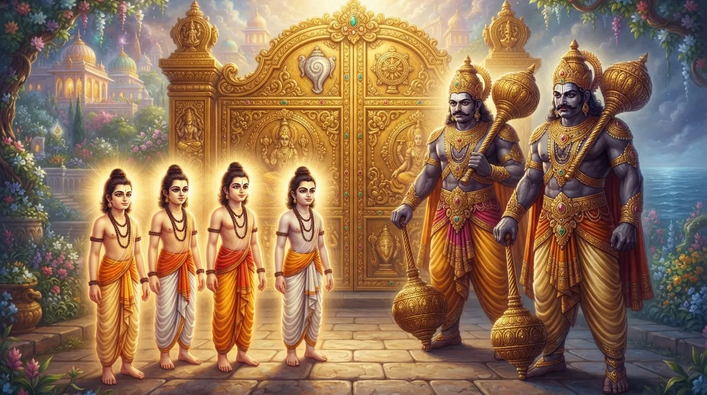 वैकुंठ के भव्य स्वर्ण द्वार के सामने, दिव्य आभा वाले चार बाल ऋषि (सनत्कुमार) खड़े हैं। उनके सामने दो विशाल और बलशाली द्वारपाल, जय और विजय, हाथ में गदा लिए रास्ता रोके खड़े हैं। दृश्य में एक तनावपूर्ण शांति है।