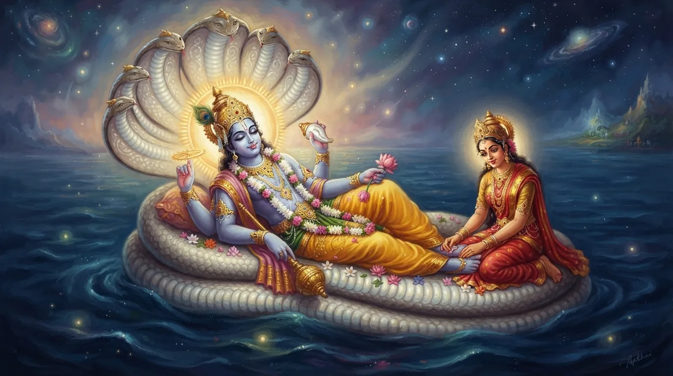 भगवान विष्णु शेषनाग पर शांत भाव से योग निद्रा में लेटे हुए हैं। चारों ओर गहरा नीला कारण सागर है और माहौल में एक दिव्य शांति है।