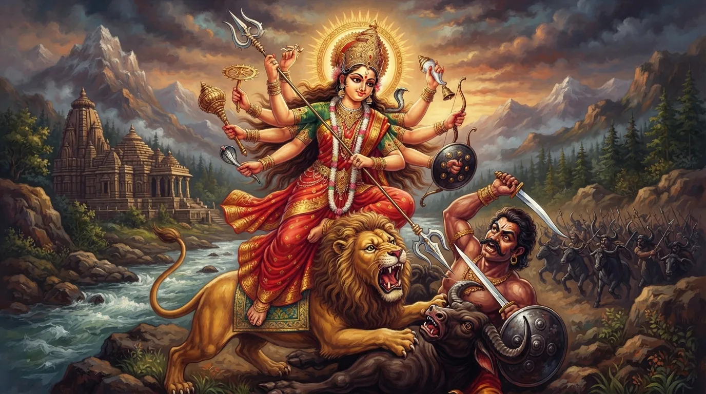 माँ दुर्गा महिषासुर का वध कर रही हैं। उनके दस हाथों में अस्त्र-शस्त्र हैं, पर चेहरा बिल्कुल शांत और करुणामय है। सिंह भी पूरे बल से लड़ रहा है।
